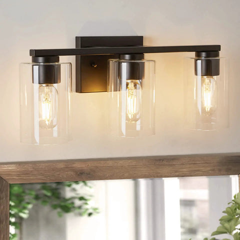 Four Light Matte Black Bathroom Vanity Light With Glass Shades Over Mirror Wall Sconces For Farmhouse Style Dope Modern Home Lighting Fixture Built From Rust Resistant Metal Durable Build, mounted above mirror with three lit bulbs