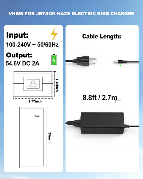 Diagram of 54.6V 2A Replacement Power Adapter For Jetson Haze Electric Bike Charger With LED Indicator Light, cable length 8.8ft