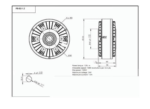 Powder Brake PB12B2 12Nm Hollow Shaft Magnetic Electromagnetic Brake technical diagram with dimensions and specifications