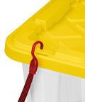 Close-up of Tough As Nails 27 Gallon Plastic Storage Totes With Secure Locking Lids For Garage Organization showing red hook on yellow lid.