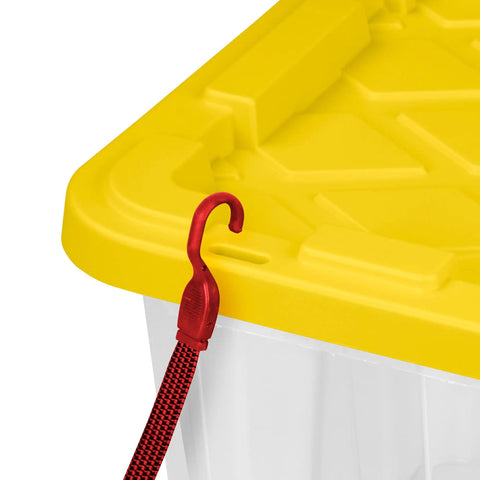 Close-up of Tough As Nails 27 Gallon Plastic Storage Totes With Secure Locking Lids For Garage Organization showing red hook on yellow lid.
