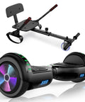 Go Kart Style Scooter Seat Attachment with LED Lights, adjustable length shown with self-balancing scooter for all ages.