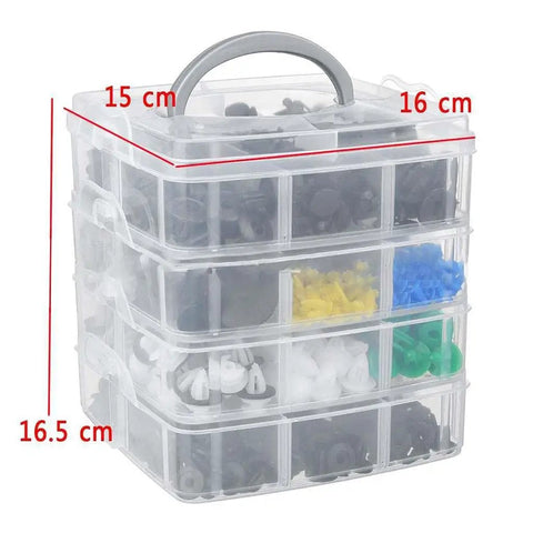 620 Piece Car Fastener Clips Kit With 24 Styles Door Rivet Repair Set For Universal Cars, Push Type Clips Multicolor Durable Fasteners stacked in clear storage box, 15x16.5 cm