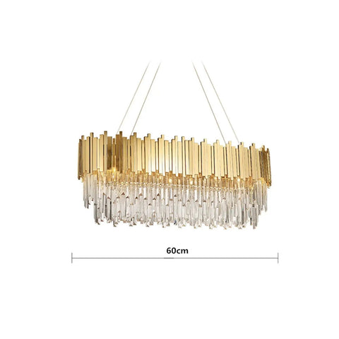Sleek Gold Pendant Light With Premium Crystal Drops Easy Install Fixture For Kitchen Dining Room And Bedroom, 60cm long, elegant design.