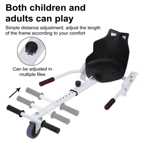 Go Kart Seat Attachment For 6.5 To 10 Inch Self Balancing Scooters, Adjustable Frame in White with Child-Adult Compatibility