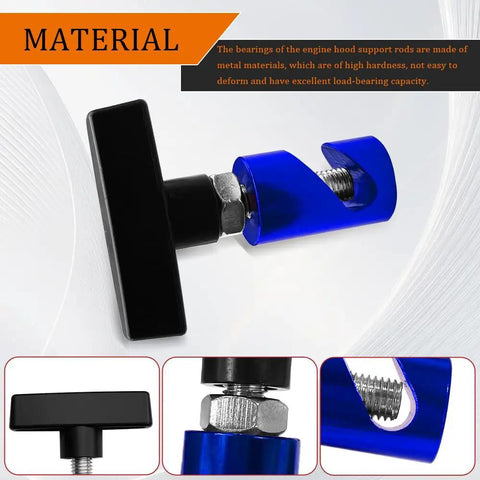 Close-up of 2-Pack Car Hood Prop Struts Clamp For Easy Hood Lift, dark blue metal construction with detail on bolt and clamp design.