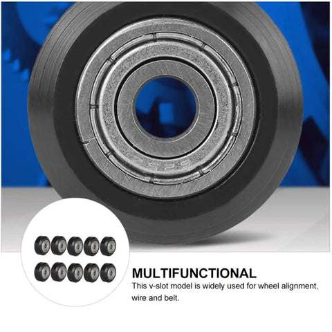 Close-up view of a single 10 Piece Black Plastic V Groove Ball Bearing Wheel For 3D Printer showcasing smooth rolling surface.