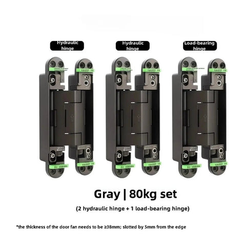 Top Shelf Heavy Duty Concealed Door Hinge Kit Featuring Hydraulic Buffer For Soft Close Dead Silent Auto Closing Smooth 3D Adjustment Hidden Cabinet Set in gray, showing two hydraulic hinges and one load-bearing hinge, 80kg capacity.
