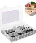 141 Piece Black Aluminum Alloy Bed Hardware Replacement Kit with compact storage box, bolts and screws visible, for cribs and beds.