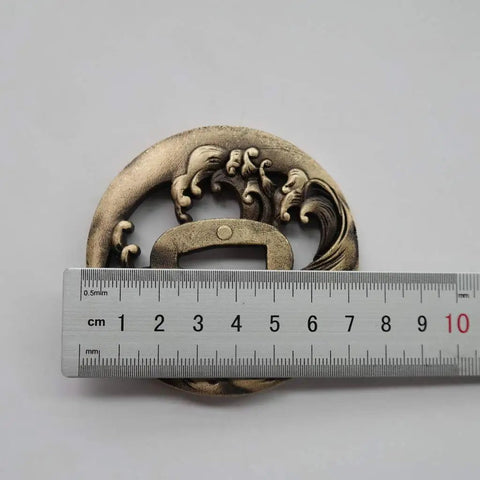 Antique Copper Tsuba And Fuchi Kashira Menuki Set For Samurai Sword Koshirae, handcrafted 8 to 9 cm guard with ruler scale