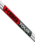 Pro Level Iron Shafts 6 Shaft Bundle.355 Taper Tip showing close-up of KBS Tour steel shaft with red and black design.