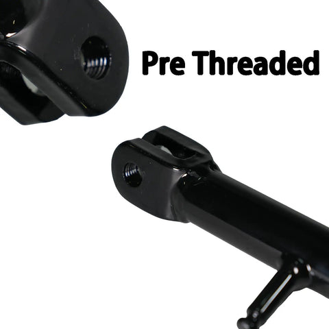 Close-up of black pre-threaded mini bike kickstand for Monster Mega Moto MMB80 MMB105 Coleman RB100 105cc Motovox MBX10 MBX11 MBX12