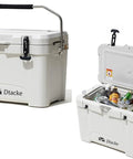 Dtacke white cooler with black rubber T-handle latches and metal carry handle; front view.