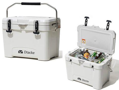 Dtacke white cooler with black rubber T-handle latches and metal carry handle; front view.