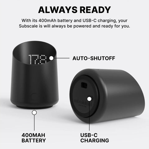 Subscale Digital Dosing Cup With LED Display Sleek Black Scale For Espresso Brewing, showing USB-C port and LED readout