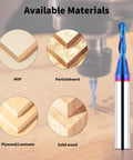 Carbide ball-nose CNC end mill, 1/4 in shank, 1/8 in cut, blue coating; for MDF/particleboard/plywood/solid wood.