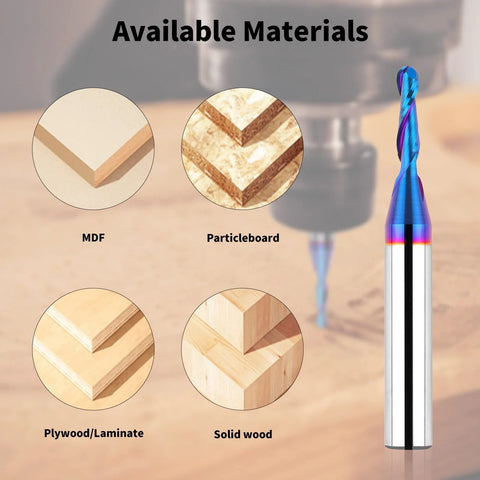 Carbide ball-nose CNC end mill, 1/4 in shank, 1/8 in cut, blue coating; for MDF/particleboard/plywood/solid wood.