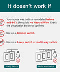 Diagram showing incompatible scenarios for Single Pole Smart Light Switch With Neutral Wire Required 2.4GHz WiFi Works With Alexa And Google Home Schedule Remote Control Easy Setup For Single Pole Circuits, including pre-80s wiring, dimmer, and multi-way switch use.