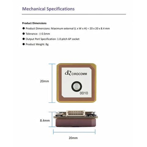 FKA3 GNSS Compass Module with 10th Gen Chip and integrated magnetic compass, 20x20x8.4mm dimensions for FPV drones.