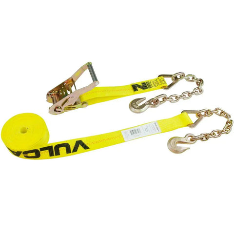 Heavy Duty Yellow Ratchet Straps With Chain Anchors 4 Inch By 27 Foot Long Two Pack 5400 Pound Safe Working Load visible