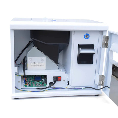 Inside view of Dollar Bill Changer Machine For Vending Arcades Slots And Laundry, showing internal coin and token dispensing components.