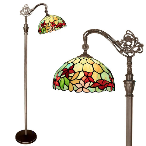 Tiffany Style Floor Lamp With Dope Stained Glass Shade In Red And Green Floral Arched Gooseneck Reading Light Bronze Base Tall 66 Inch Arc UL Certified Foot Switch.