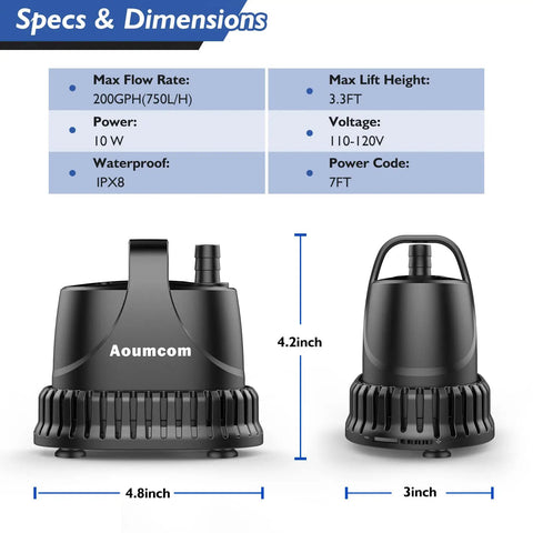 Submersible Water Pump 200 GPH 10W for Garden Fountains and Fish Tanks Ponds Waterfalls Hydroponics and Water Tables All In One Specs