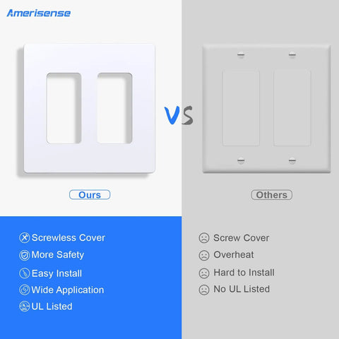 Comparison of Screwless Decorator Wall Plate 2 Gang Outlet Cover vs. standard screw cover plate for light switches and plugs.
