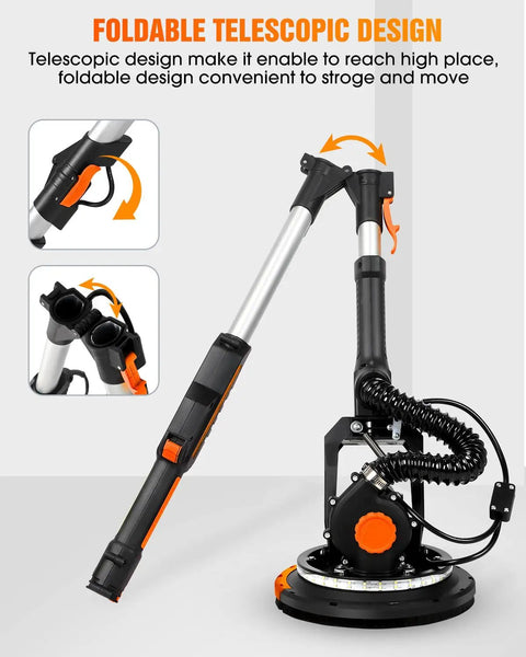 Heavy Duty Rock Solid Electric Drywall Sander With Swish Vacuum Dust Extractor And Variable Speed Dial showing foldable telescopic design.