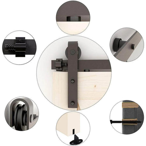 Detailed components of 5.5 Foot Sliding Barn Door Hardware Kit Heavy Duty Track For Double Wood Doors Smooth Quiet Operation Easy To Install J Shape Hangers With Nylon Wheels Protect Track Surface And Deliver Ultra Smooth Glide.
