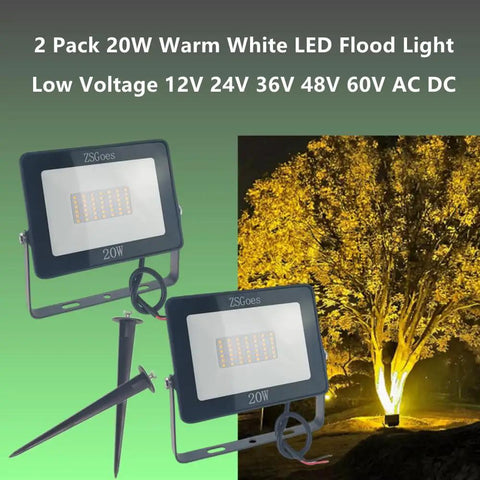 2 Pack 20W Warm White LED Flood Light Low Voltage 12V 24V 36V 48V 60V AC DC illuminating tree with stand