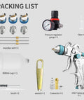 High Volume Low Pressure Spray Gun Kit With Three Included Nozzles Size 1.4 1.7 And 2.0 Millimeters complete packing list.