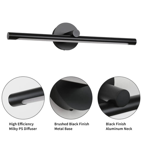 Sleek Black Hardwired Picture Light with milky diffuser, brushed metal base, aluminum neck, 24.21in reach, 12W, 3000K warm white