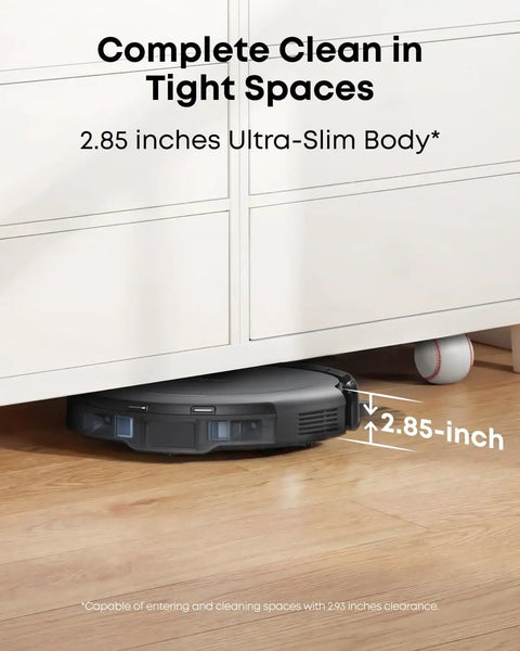 C10 Robot Vacuum With Self Emptying Dock And 4000 Pa Suction under furniture, showcasing 2.85-inch ultra-slim body.