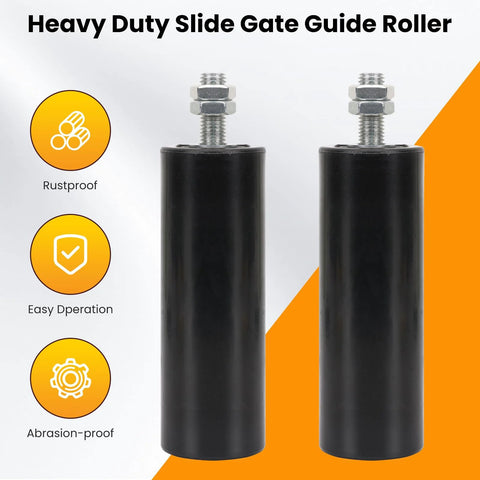 Two Pack Gate Roller Guide Kit with 6 Inch Universal Heavy Duty Sliding Gate Rollers and Nylon Wheel Hardware Set shows two black rollers