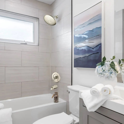 Bathroom scene with Gibson Posi Temp Valve Trim Kit Brushed Nickel With Metal Construction And Easy Adjust Lever.