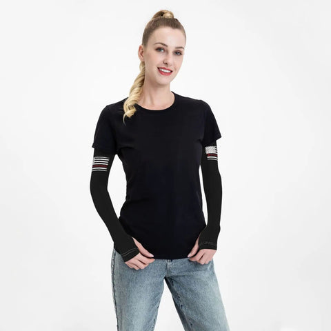 Premium Cooling Arm Sleeves With UV Protection And Ice Silk Fabric For Auto Mechanics And Workshop Crew Usa Flag Design worn by a model.