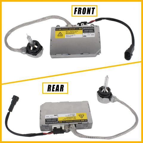 Front and rear view of Xenon HID Headlight Ballast Module Replacement For Lexus IS300 ES300 LS430 SC430 RX300 RX330 RX350 RX400H Mazda 6 RX8 Toyota Avalon Celica Direct Fit OE Grade Easy Install with cables.