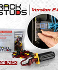 Top Shelf Red Server Rack Screws For 19 Inch Square Punched Rails, No Sweat Front Load Rack Studs, Easy Cage Nut Swap Hardware, Dependable Data Center Kit 400 Pack displayed in a packet with installation tool.