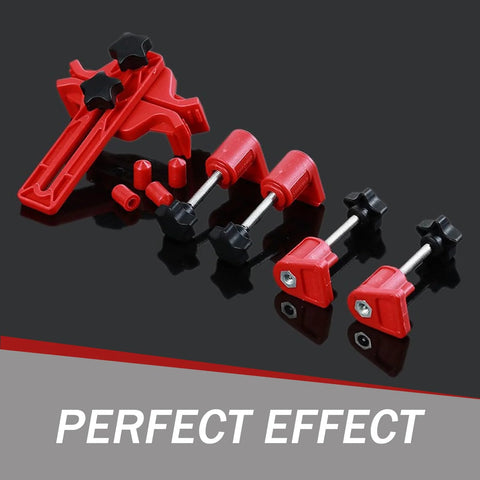 Front view of red 9-piece car camshaft timing gear locking tool set with bolts and clamps