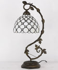 Tiffany Style Table Lamp With Cream Stained Glass Pearl Design, Metal Leaf Base, 8x10x21 Inch Desk Light, S005 Series