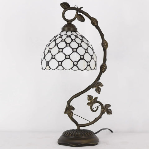 Tiffany Style Table Lamp With Cream Stained Glass Pearl Design, Metal Leaf Base, 8x10x21 Inch Desk Light, S005 Series