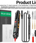 Grab And Go Handy Digital Multimeter Pen With Voice Readouts A3009 showing product box, user manual, detachable probe, and accessories