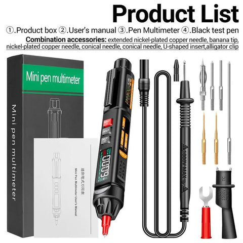 Grab And Go Handy Digital Multimeter Pen With Voice Readouts A3009 showing product box, user manual, detachable probe, and accessories