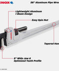36 Inch Aluminum Pipe Wrench With Forged Wide Jaws And Lightweight I Beam Design For Beefy Torque and Easy Quick Spin Nut Adjustment labeled