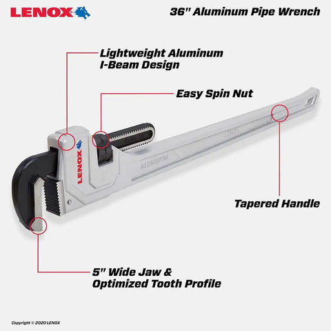 36 Inch Aluminum Pipe Wrench With Forged Wide Jaws And Lightweight I Beam Design For Beefy Torque and Easy Quick Spin Nut Adjustment labeled