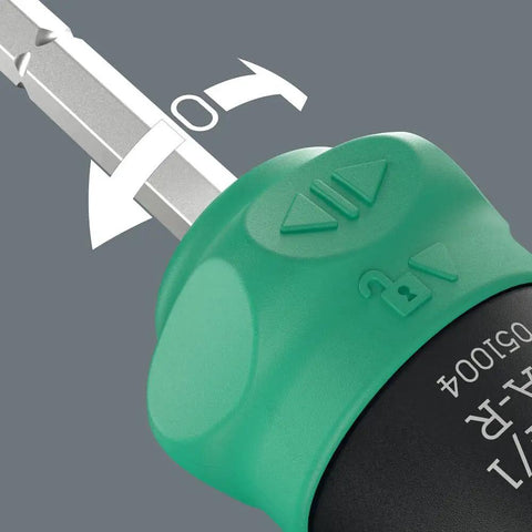 Close-up of Compact Ratchet Screwdriver Set 25 RA R With Pouch handle showing fine tooth ratchet and grip details.