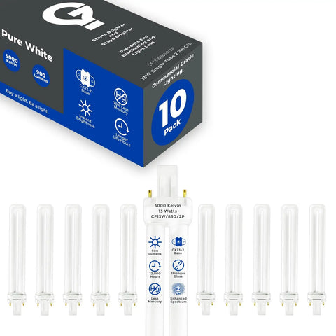 10 pack of 13 Watt GX23 Base CFL Light Bulbs 5000K Daylight 800 Lumens Single Tube Plug-In Fluorescent Lamps with packaging