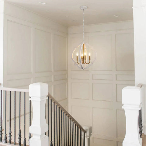 Modern Farmhouse 4 Light Wood Chandelier In Distressed White And Gold With Orb Globe Cage Pendant Lighting For Dining Room