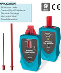 Front view of turquoise ultrasonic diagnostic tool kit: two handheld units with red probes and tone generator